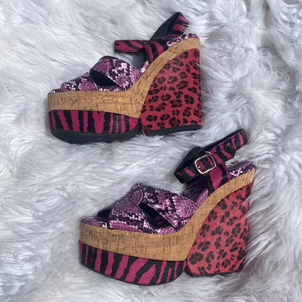 Jeffrey Campbell • Leather Kitsch Colorful Animal Print Cork Wedges - Picture 8 of 10